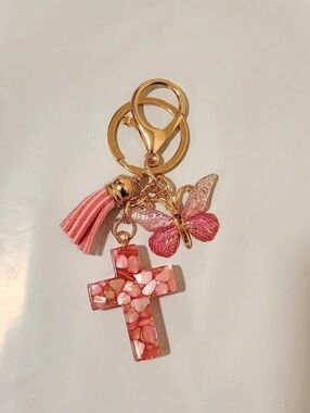 Pink Butterfly & Cross Tassel Keychain